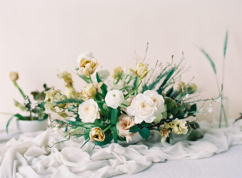 Neutral Soft Romantic Floral Centerpiece with Airy Fabric Runner