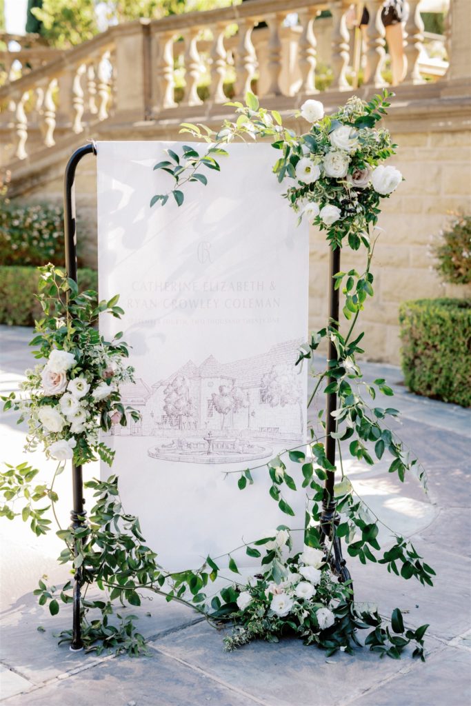 Painted Banner welcome sign with greenery and florals