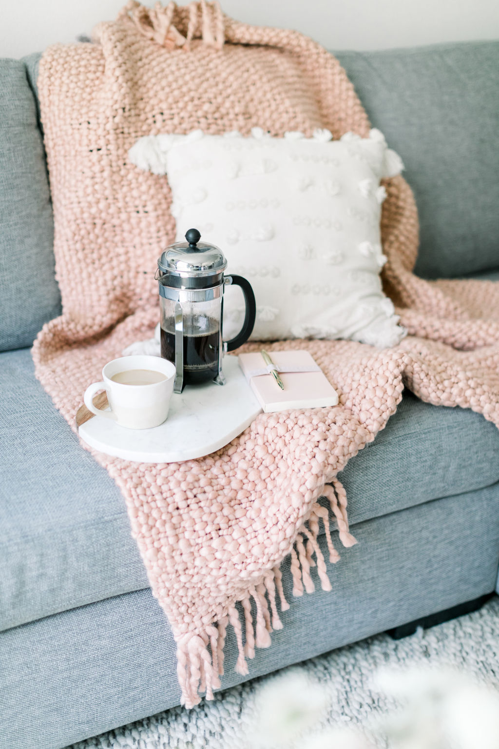 Pink Knitted Blanket with Coffee French Press