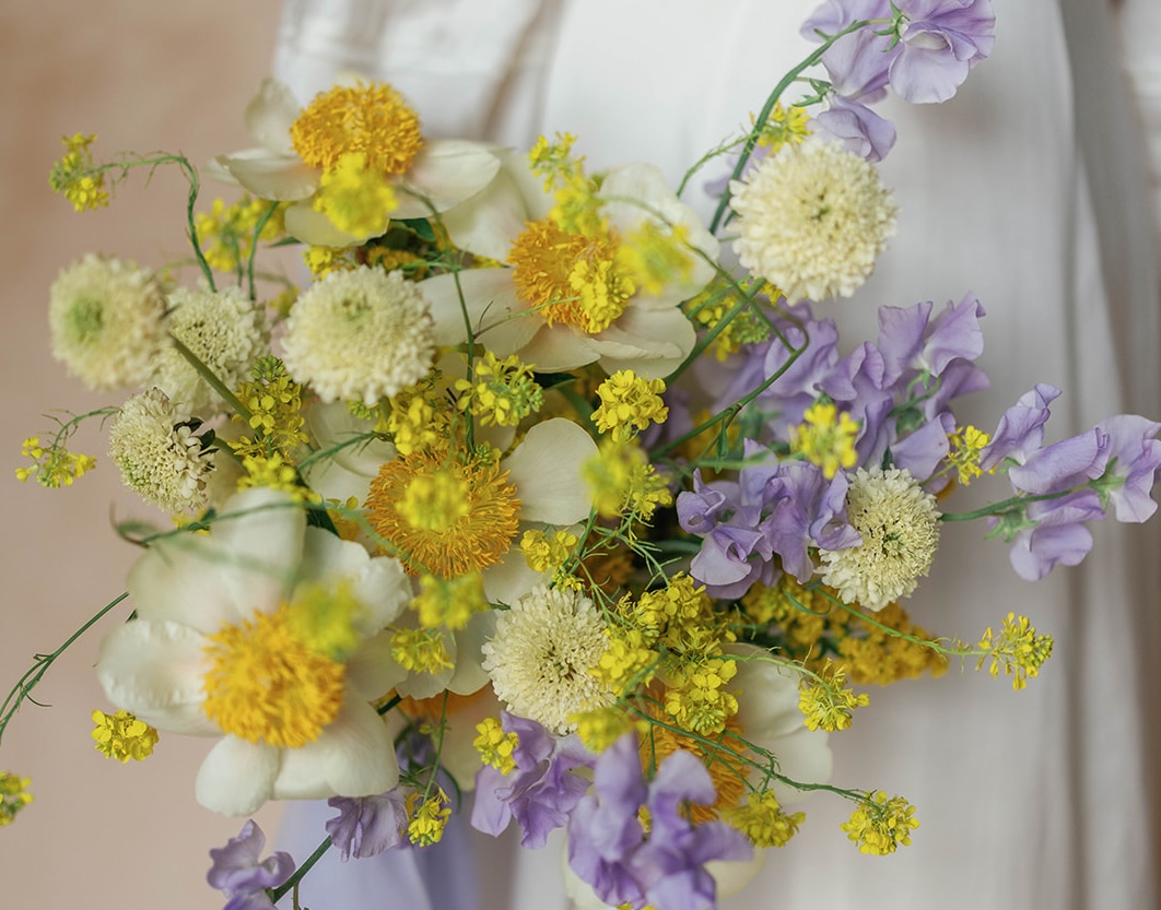 Bold Yellow and Lavender Wedding Bouquet – Modern Florist Design That Attracts Clients